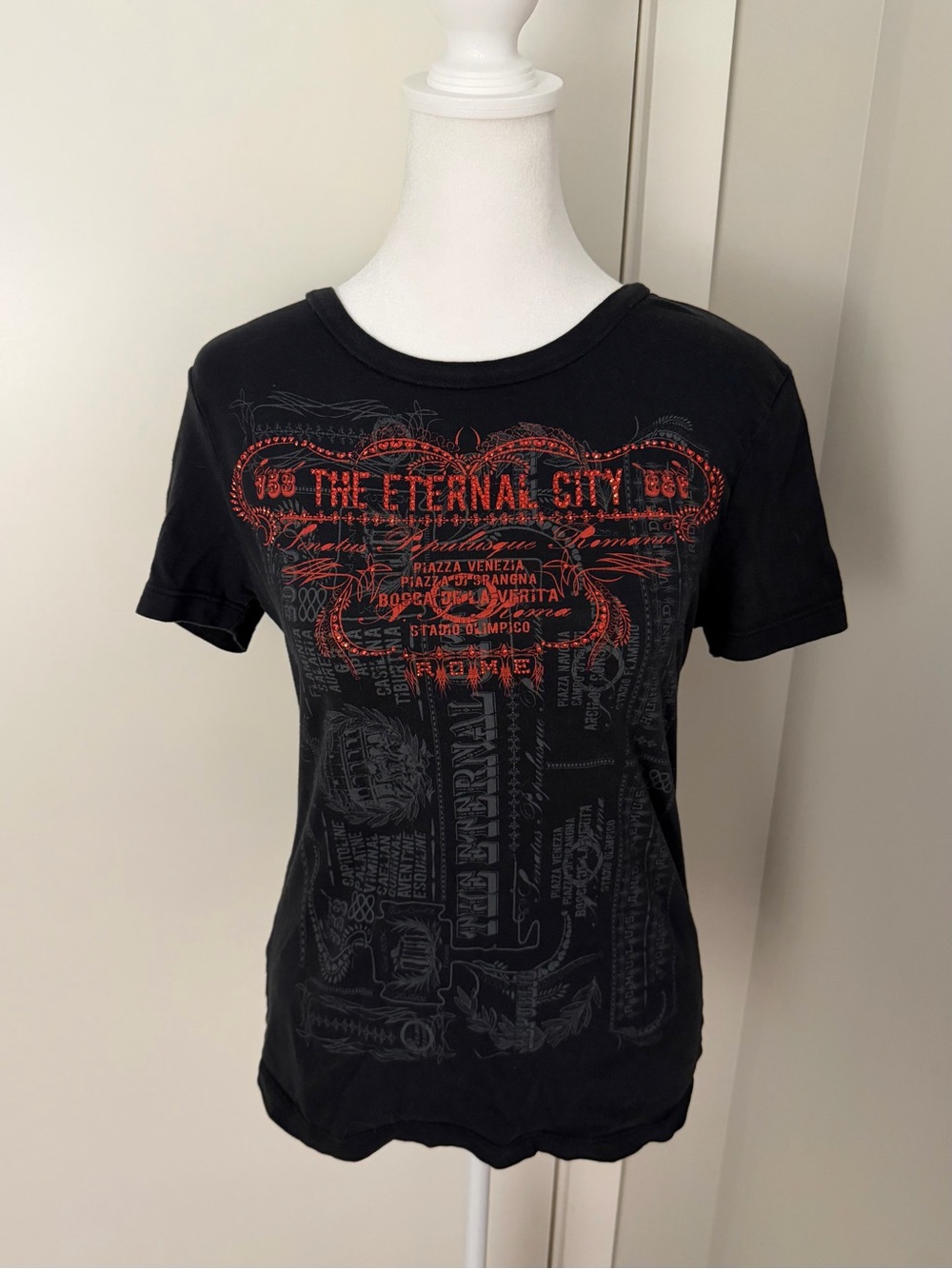 Y2K Express Black Graphic Tee with Red Bedazzled Lettering and Euro Graphic